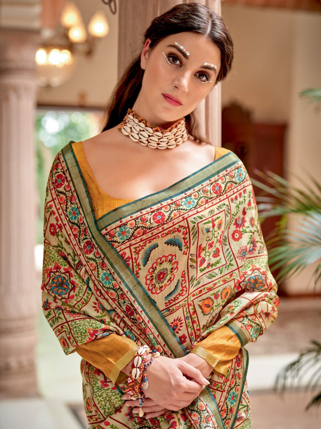 Beige Printed Soft Silk Saree - Image 3