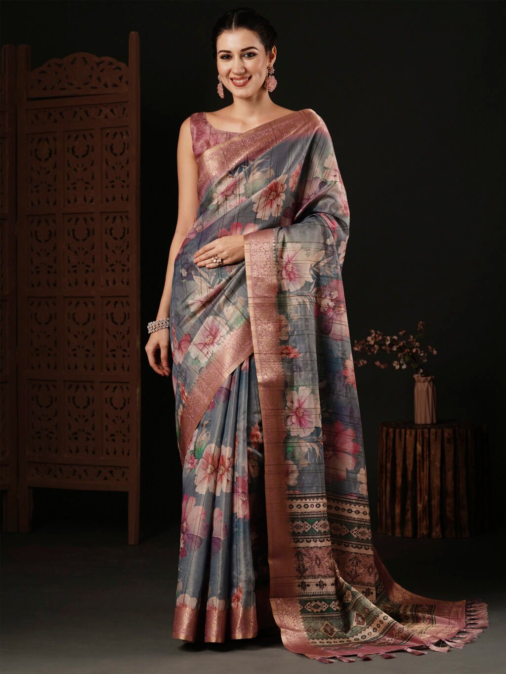 Image of Grey Silk Saree