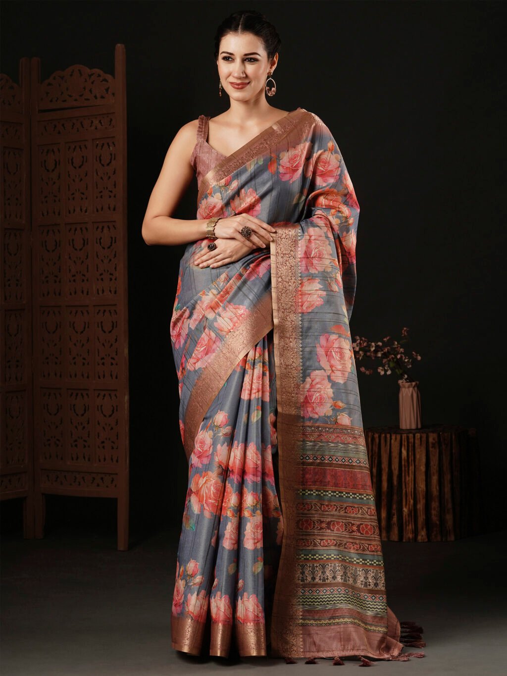 Image of Grey Silk Saree