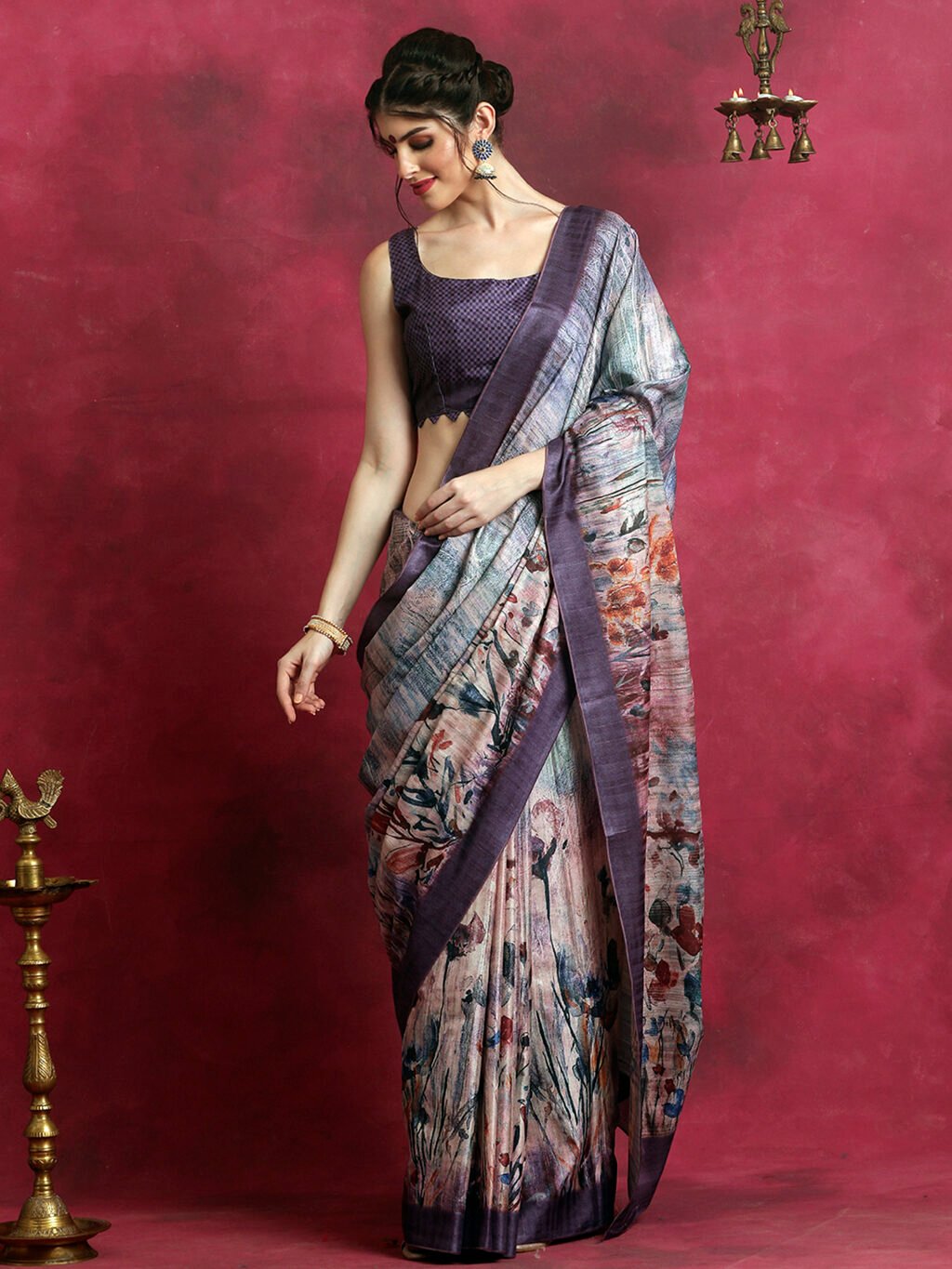 Violet Cotton Saree - Image 3