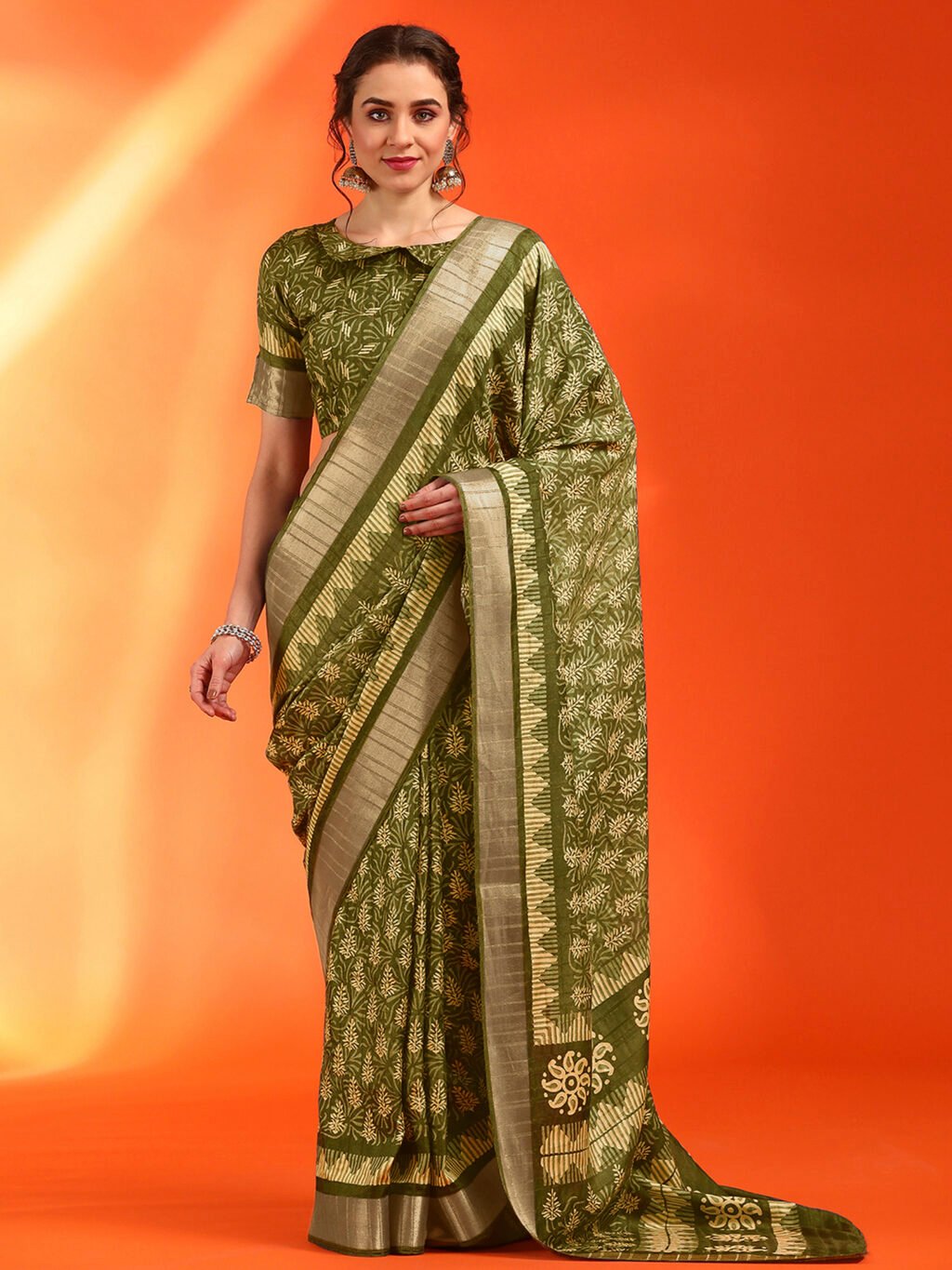 Image of Olive Silk Saree Cotton Saree