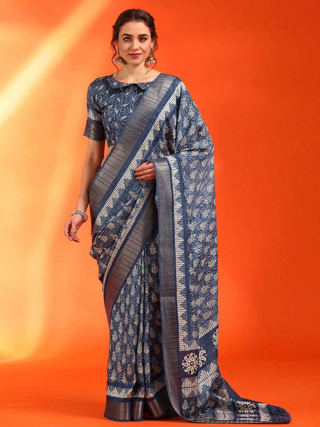 Image of Navy Blue Silk Saree Cotton Saree