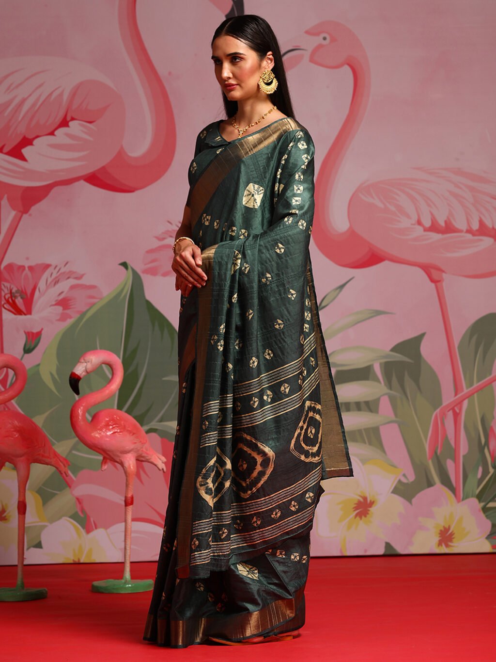 Teal Green Printed Bandhani Silk Saree - Image 3