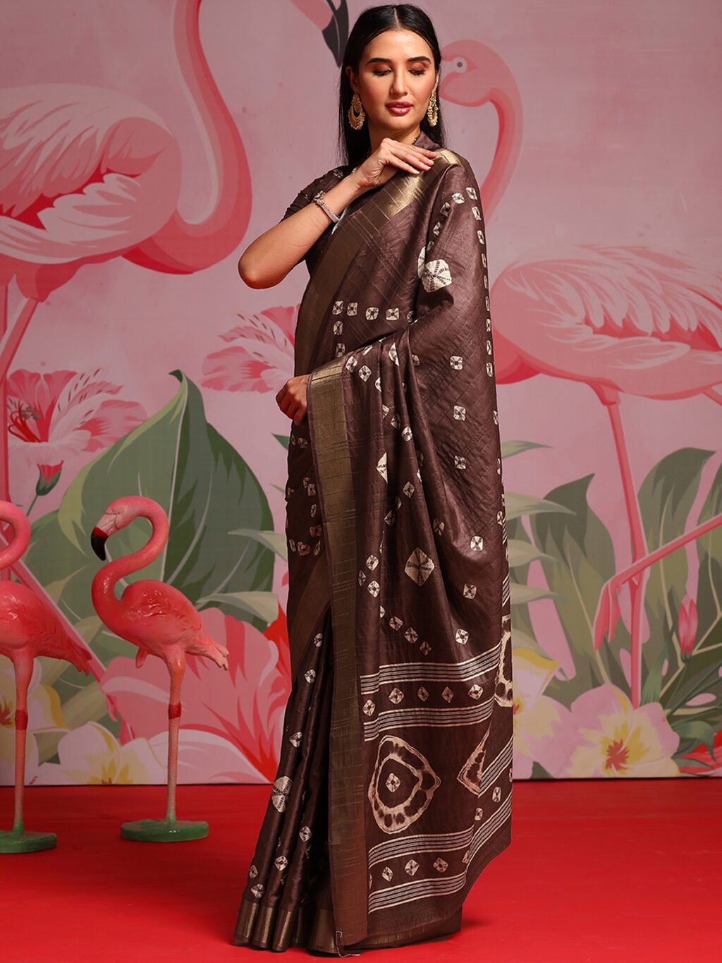 Coffee Brown Printed Bandhani Silk Saree - Image 3