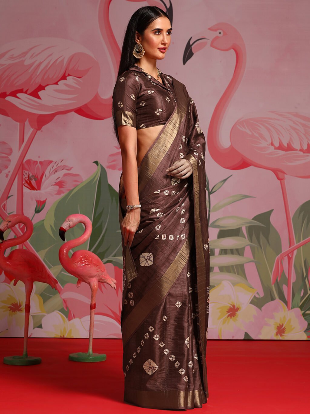 Coffee Brown Printed Bandhani Silk Saree - Image 4