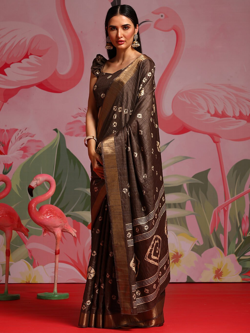 Ethnic Brown Printed Bandhani Silk Saree - Image 3