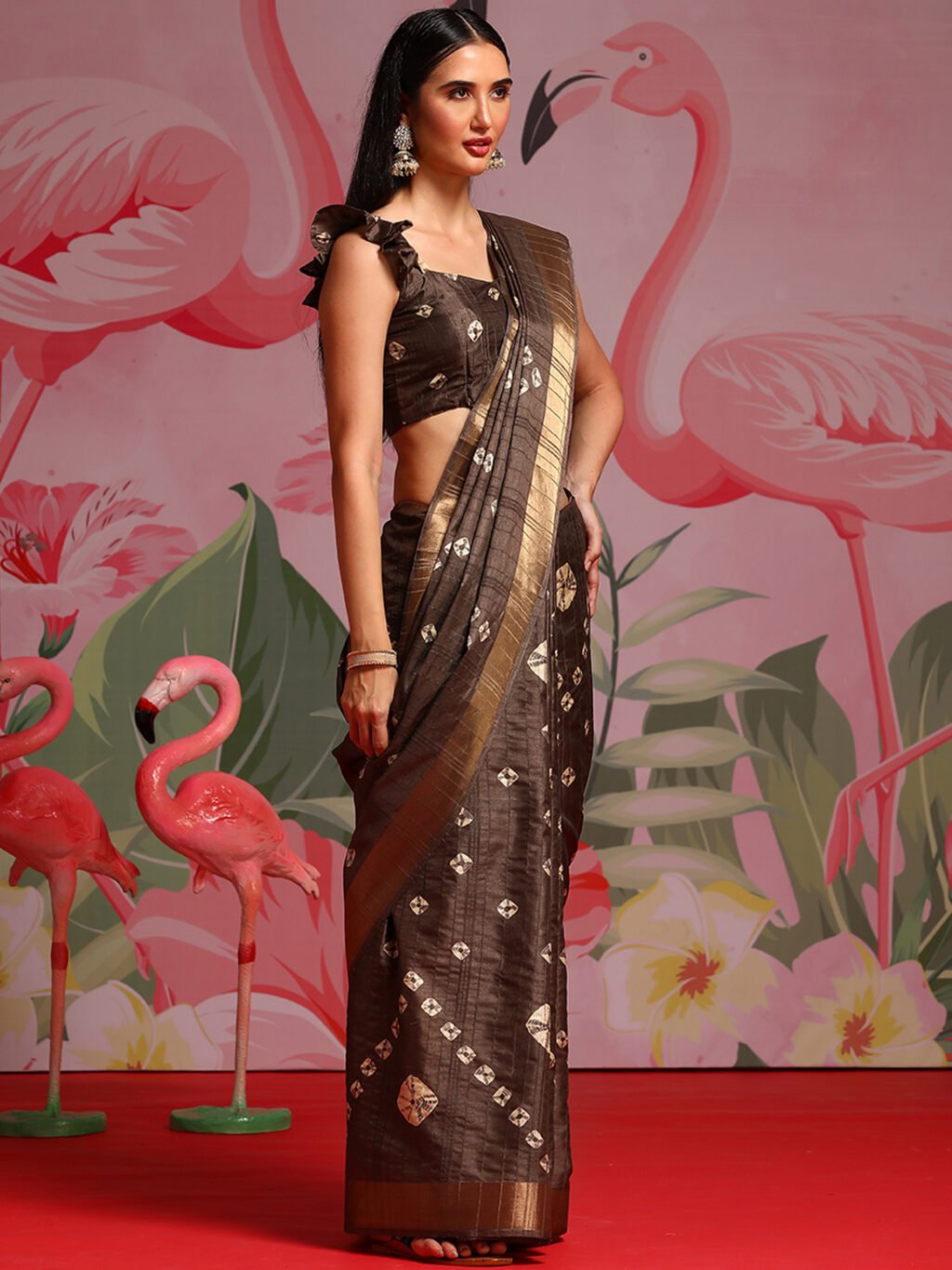 Ethnic Brown Printed Bandhani Silk Saree - Image 4
