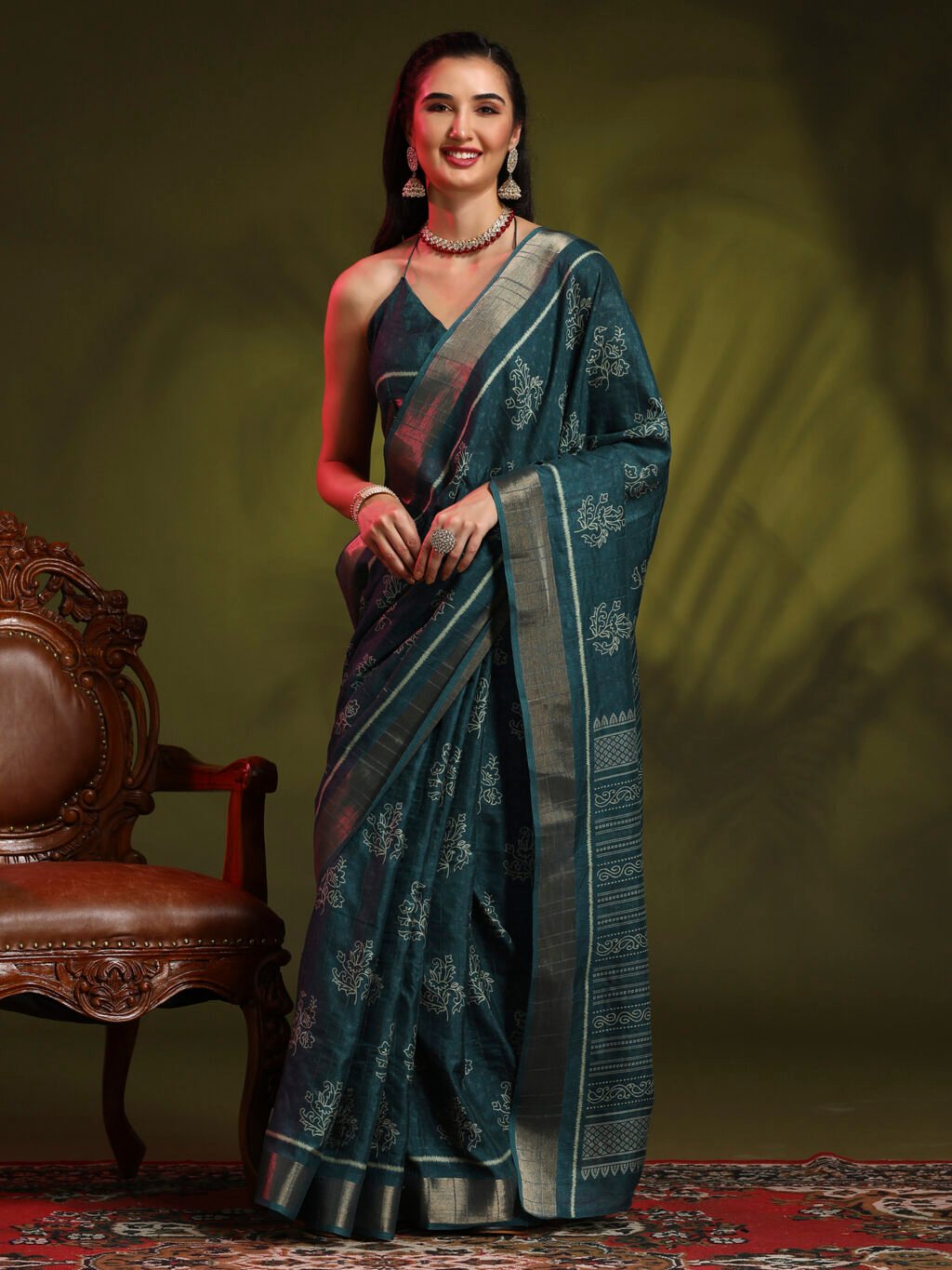 Image of Teal Blue Silk Saree