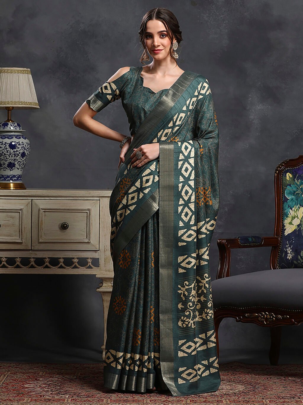 Image of Teal Green Silk Saree