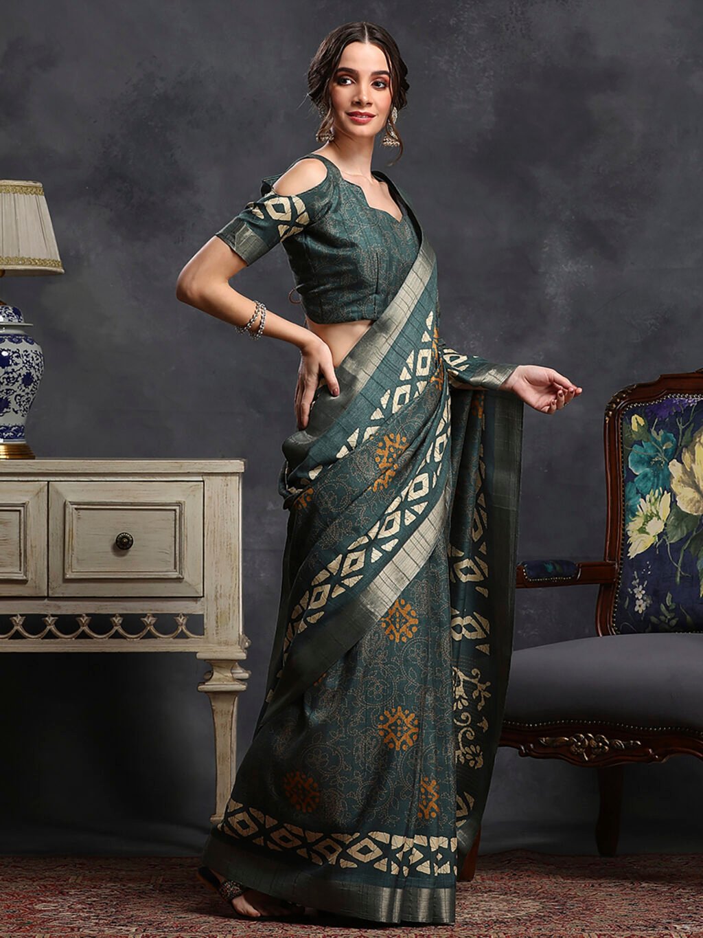 Teal Green Silk Saree - Image 4