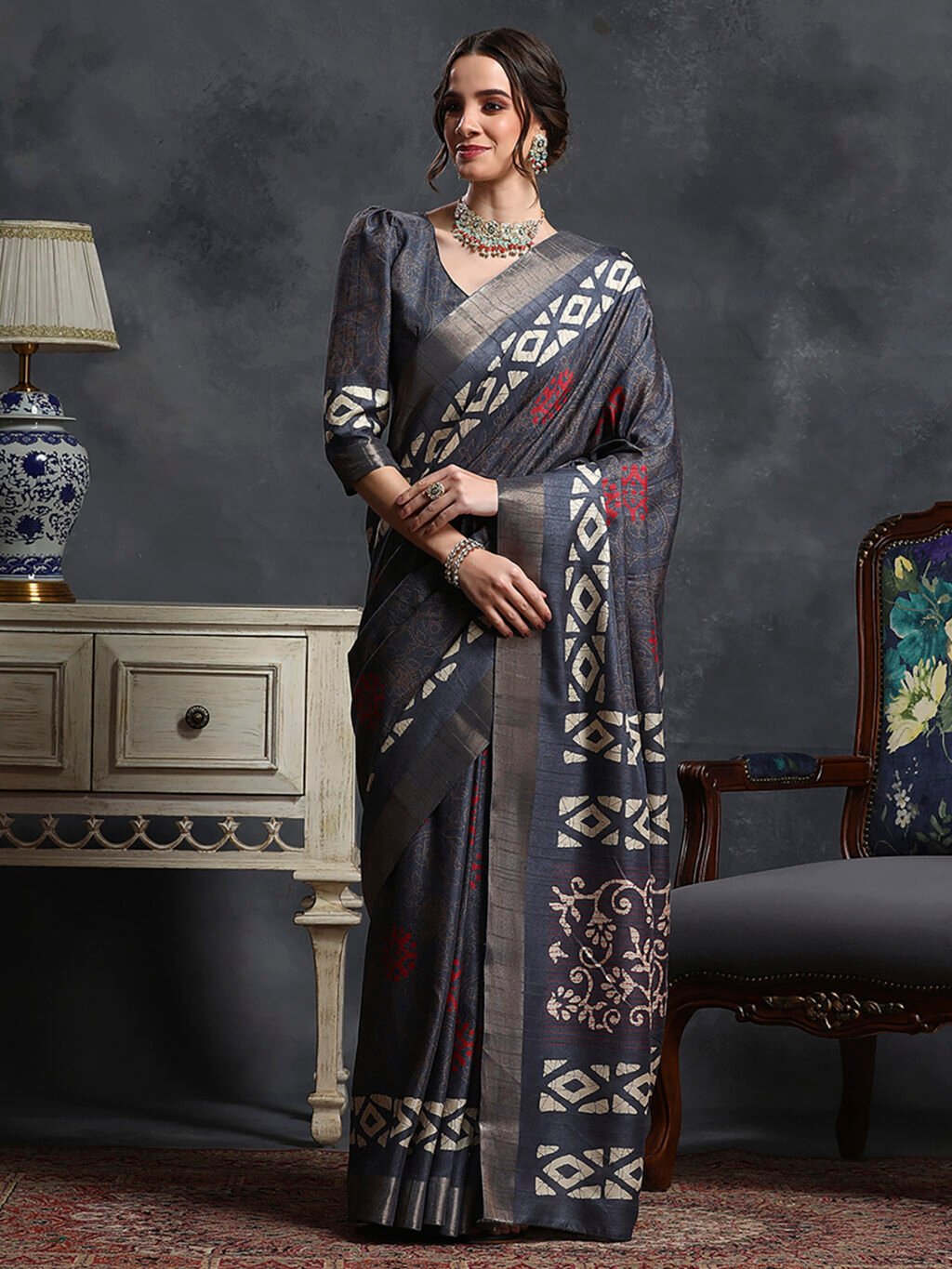 Image of Grey Silk Saree