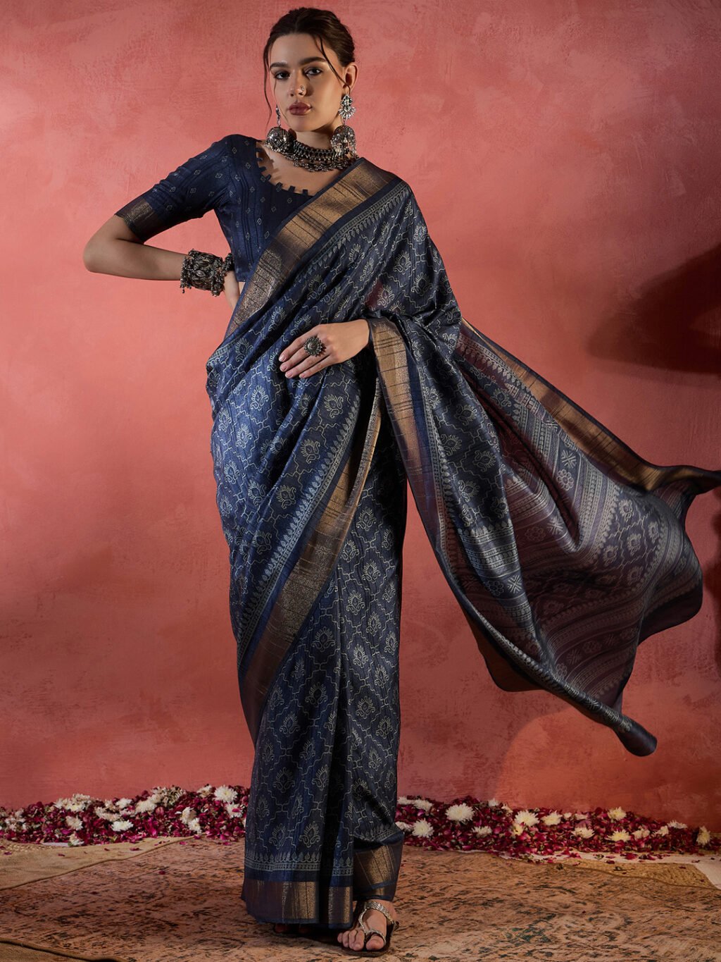 Image of Navy Blue Silk Saree