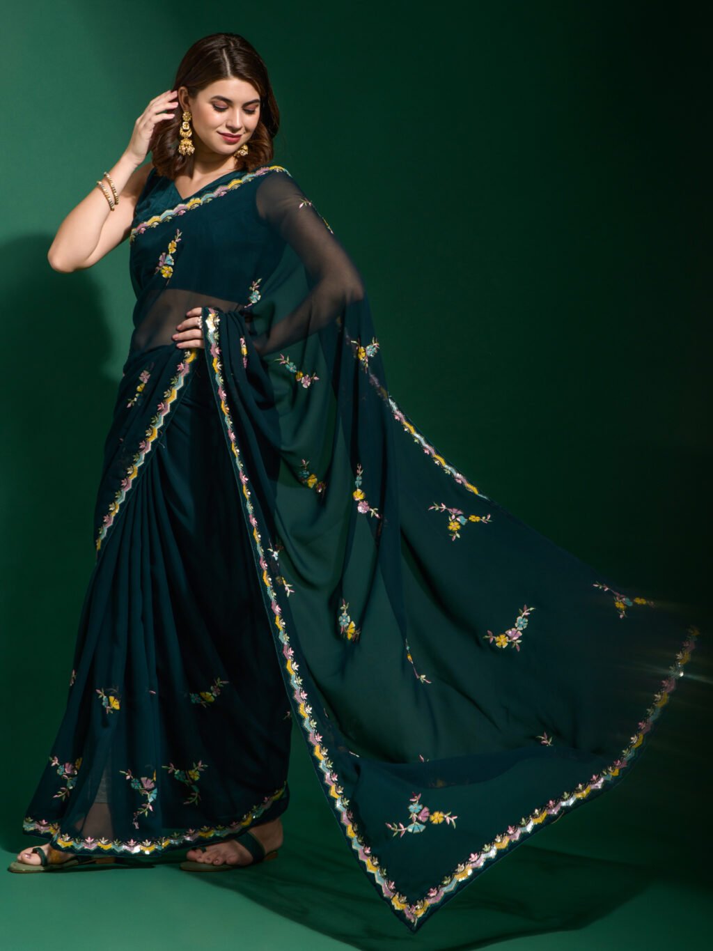 Teal Blue Partywear Georgette Saree - Image 3