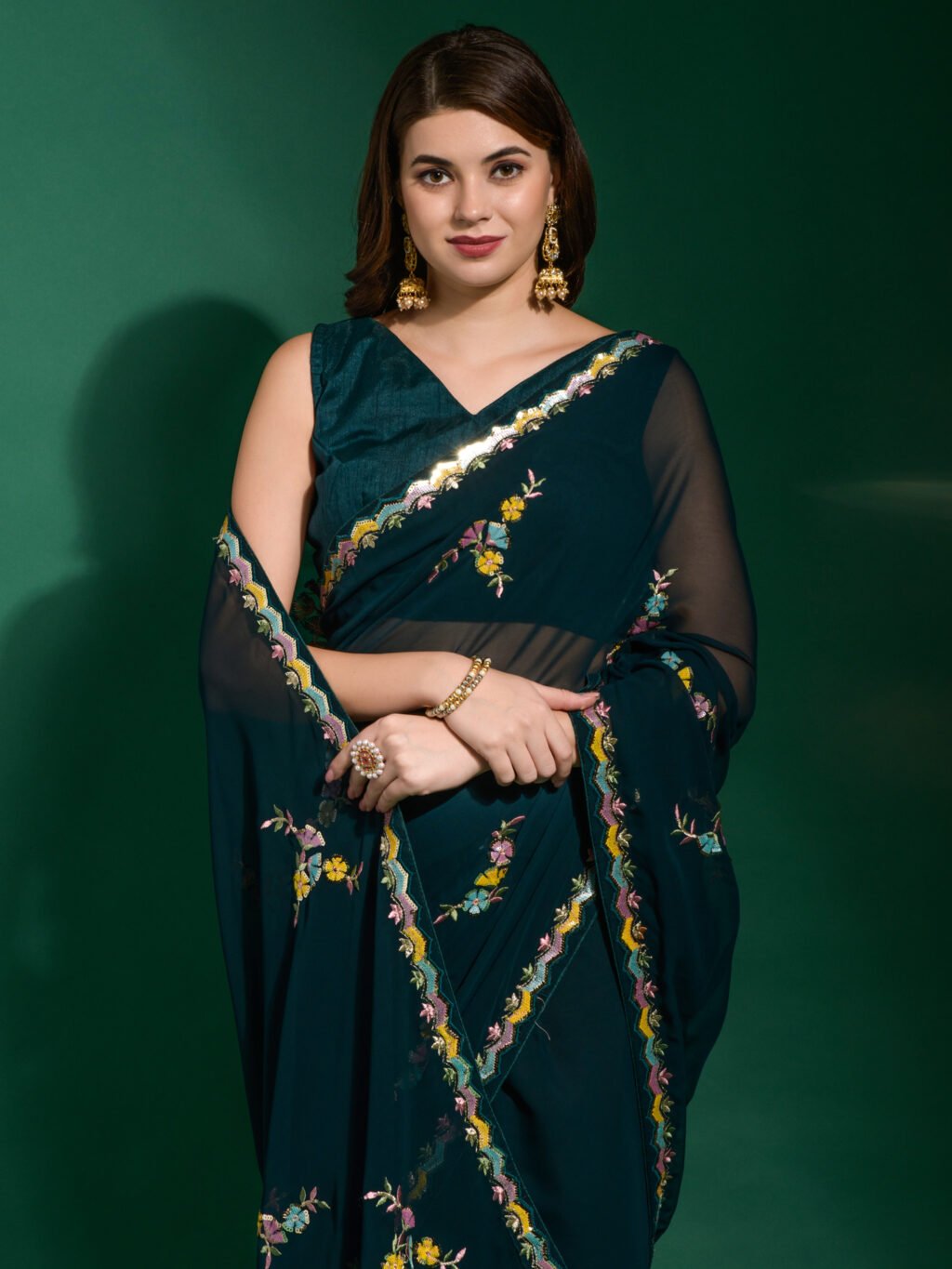 Teal Blue Partywear Georgette Saree - Image 4