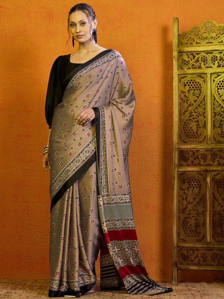 Image of Beige Satin Saree