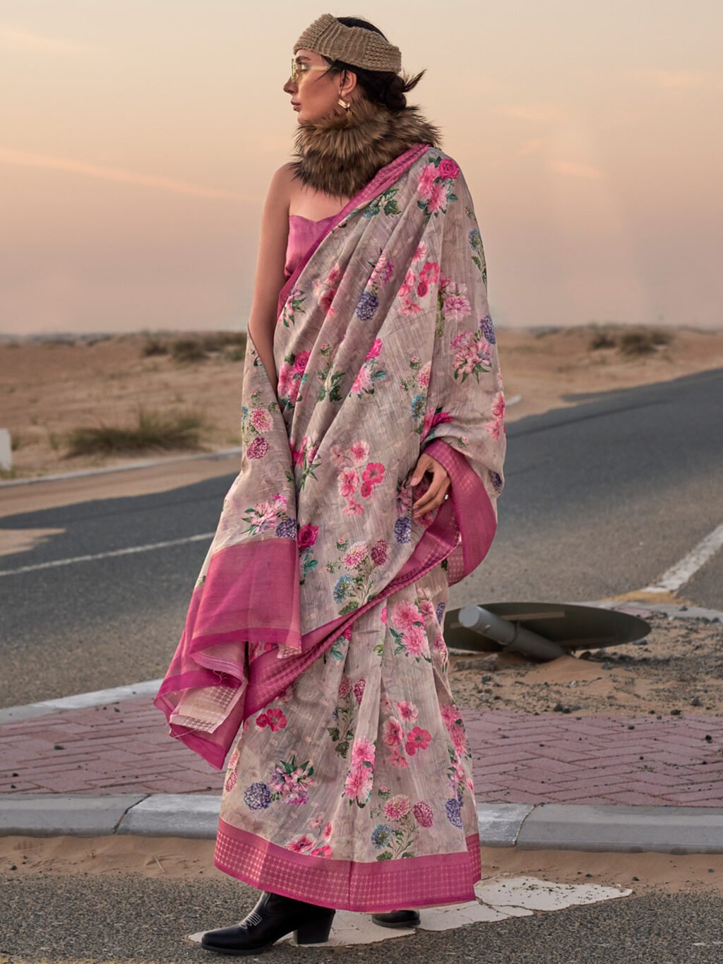 Image of Grey Linen Saree