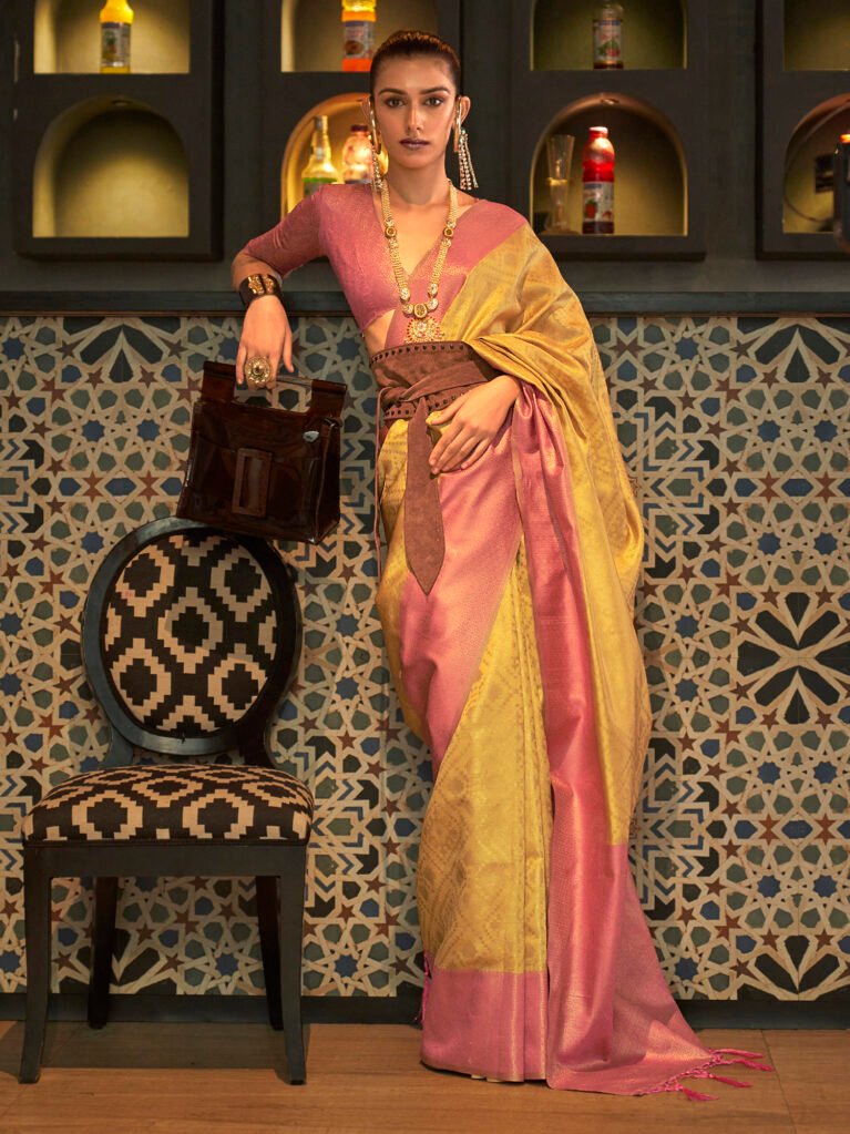 Pinkish Yellow Kanjeevaram  Silk Saree