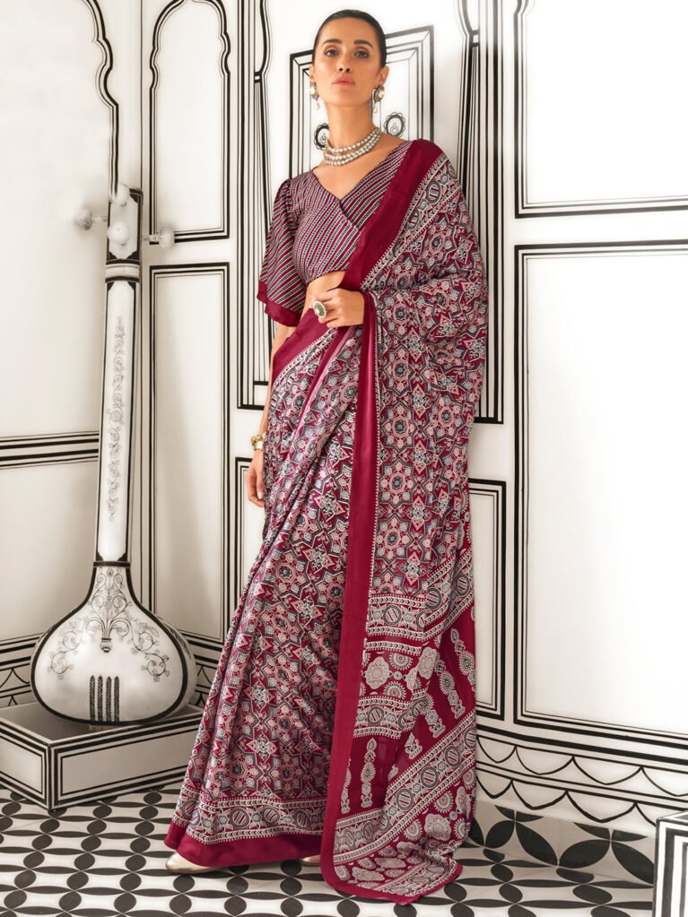 Rich Maroon Printed Satin Crepe Saree