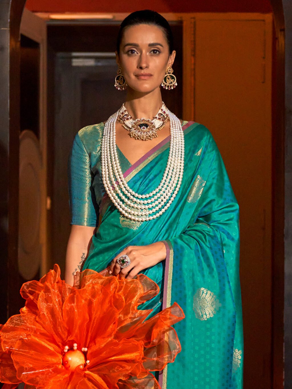 Teal Blue Silk Saree - Image 3