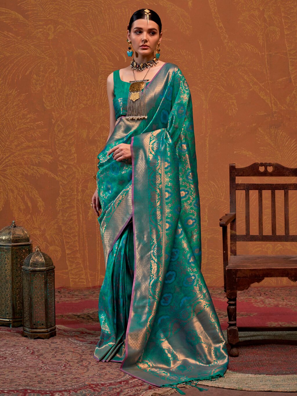 Image of Teal Green Silk Saree