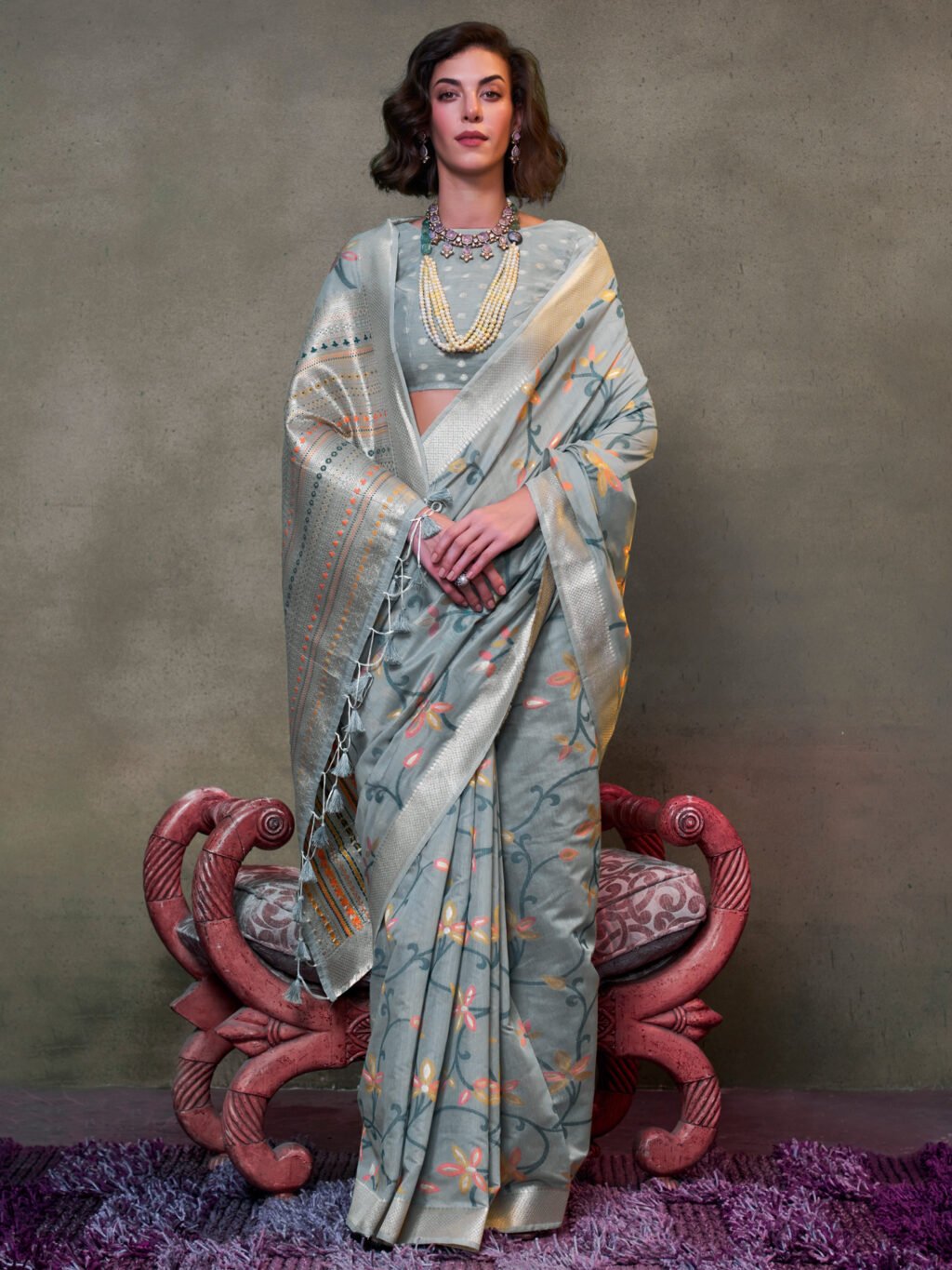Image of Grey Silk Saree