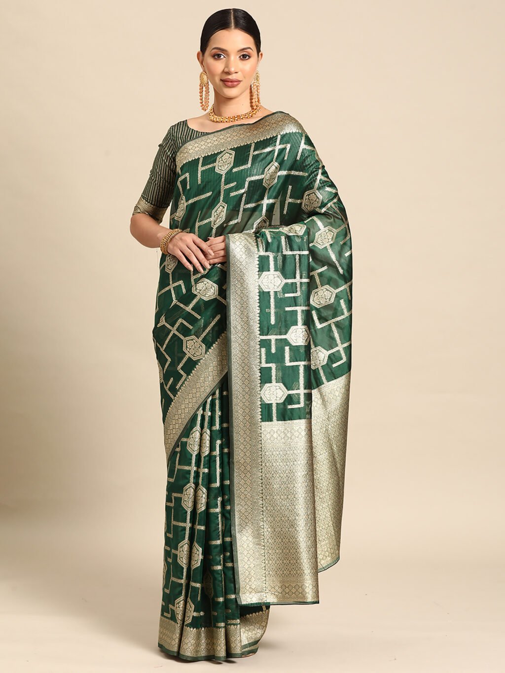 Teal Green Designer Organza Silk Saree - Image 3