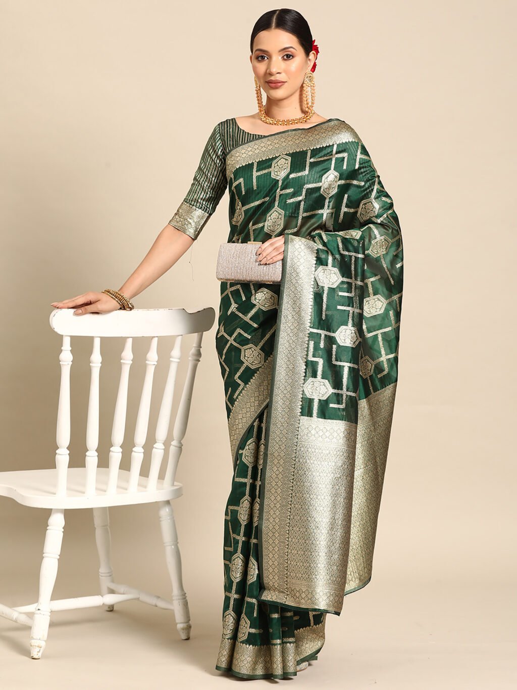 Teal Green Designer Organza Silk Saree - Image 4