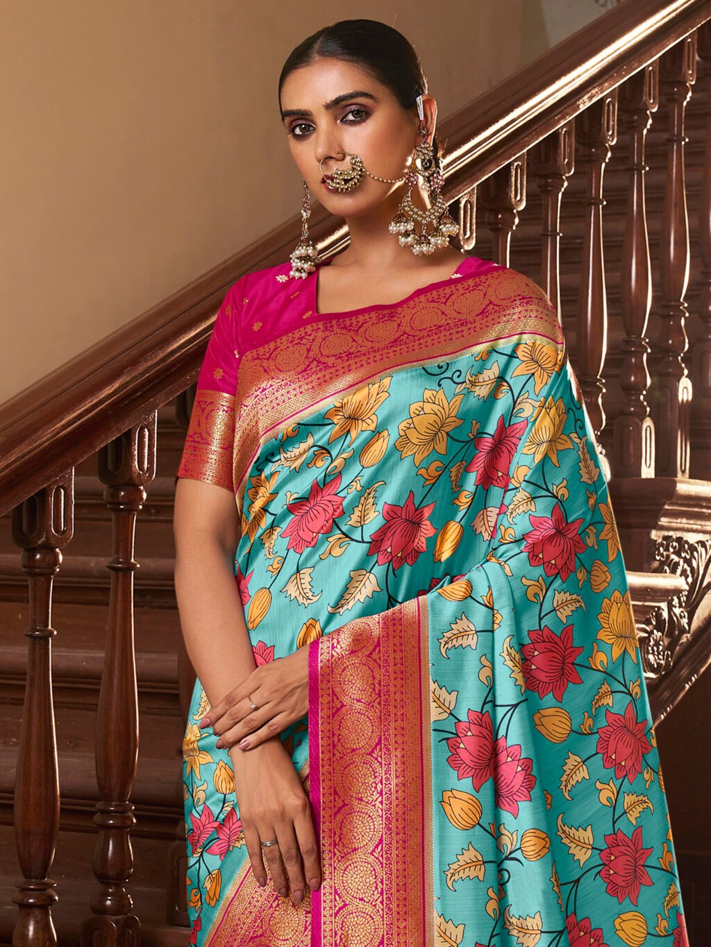 Floral Ocean Blue Printed Silk Saree - Image 3
