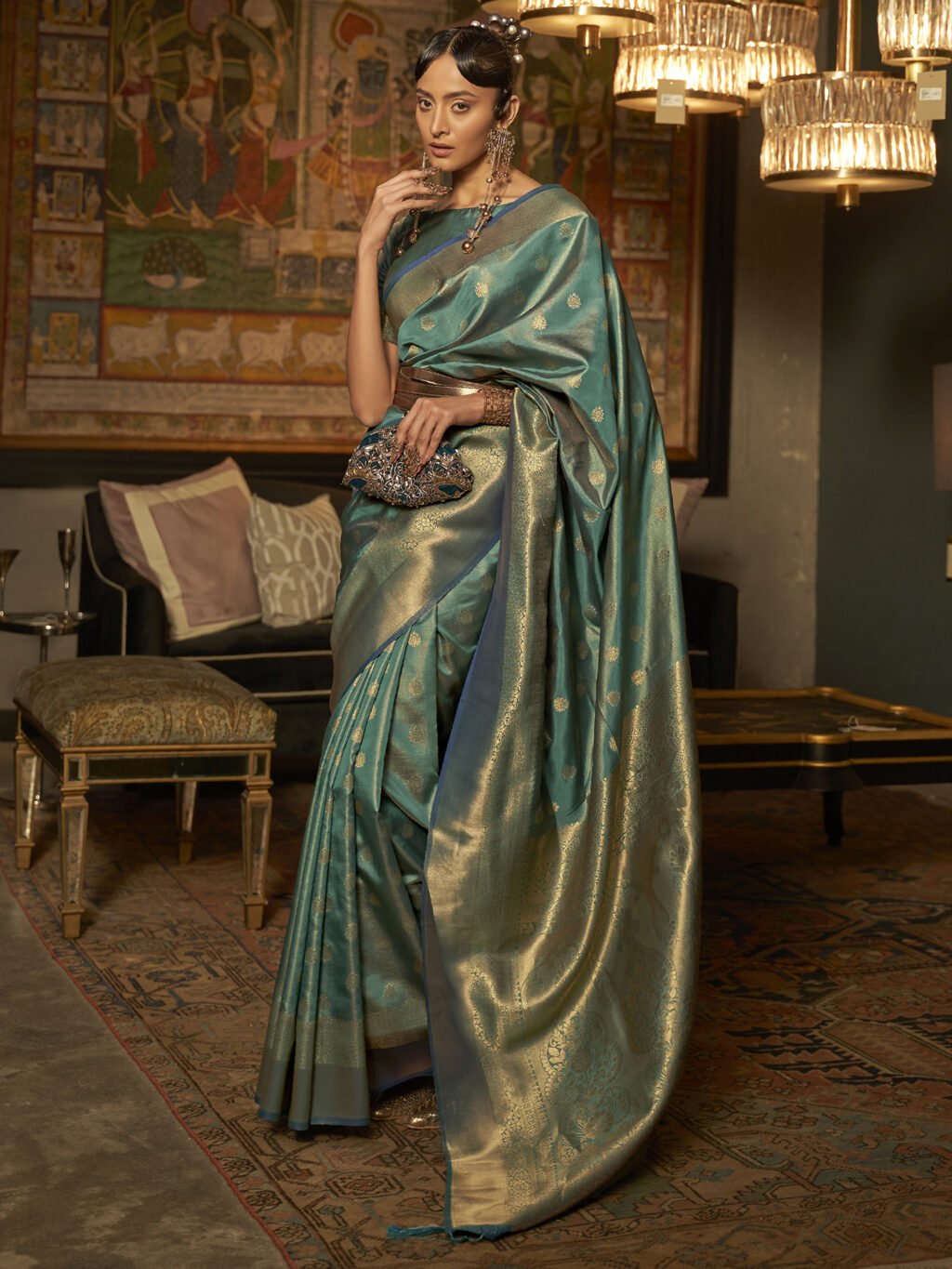 Image of Teal Blue Silk Saree