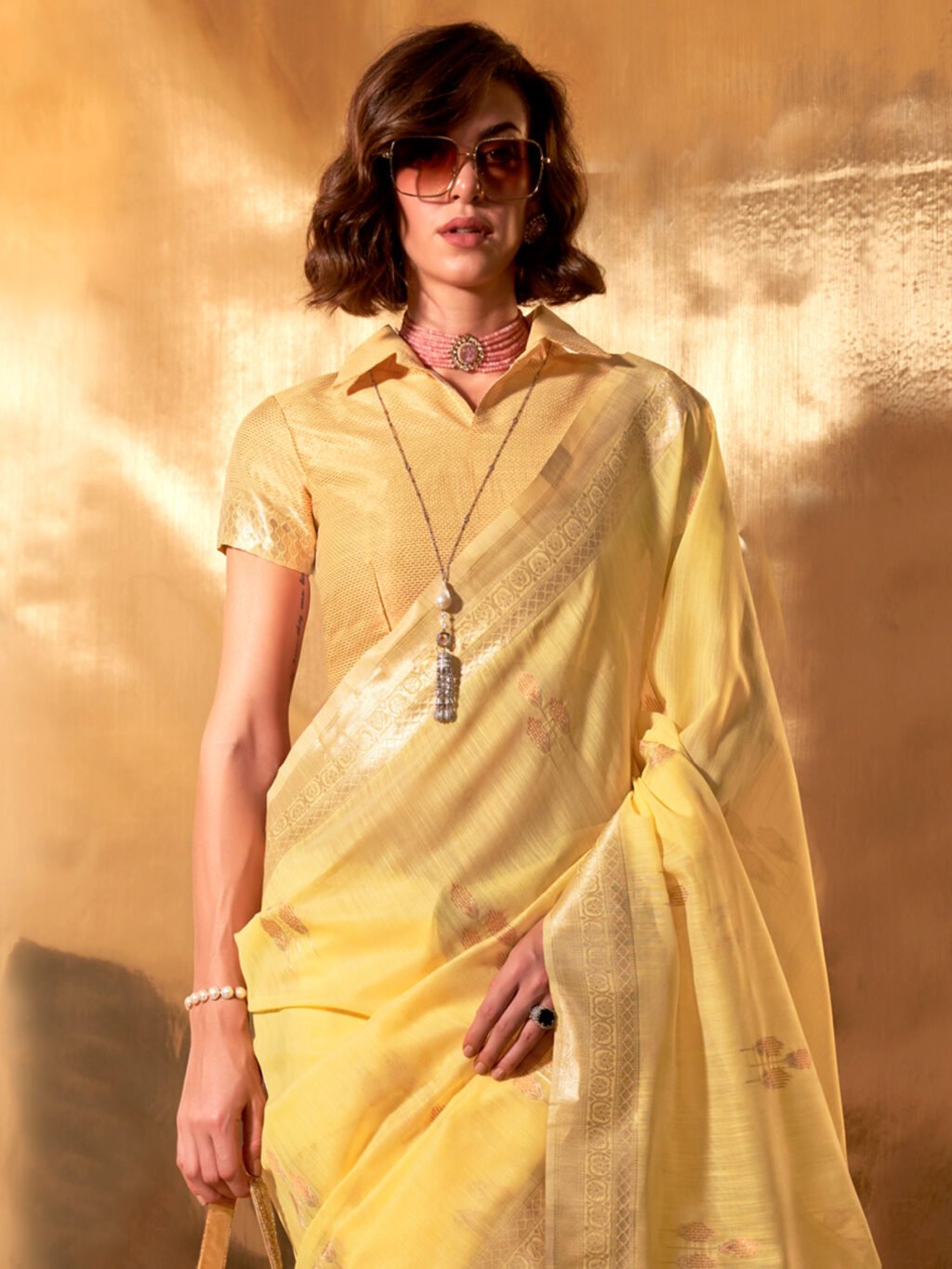 Yellow Linen Saree - Image 3