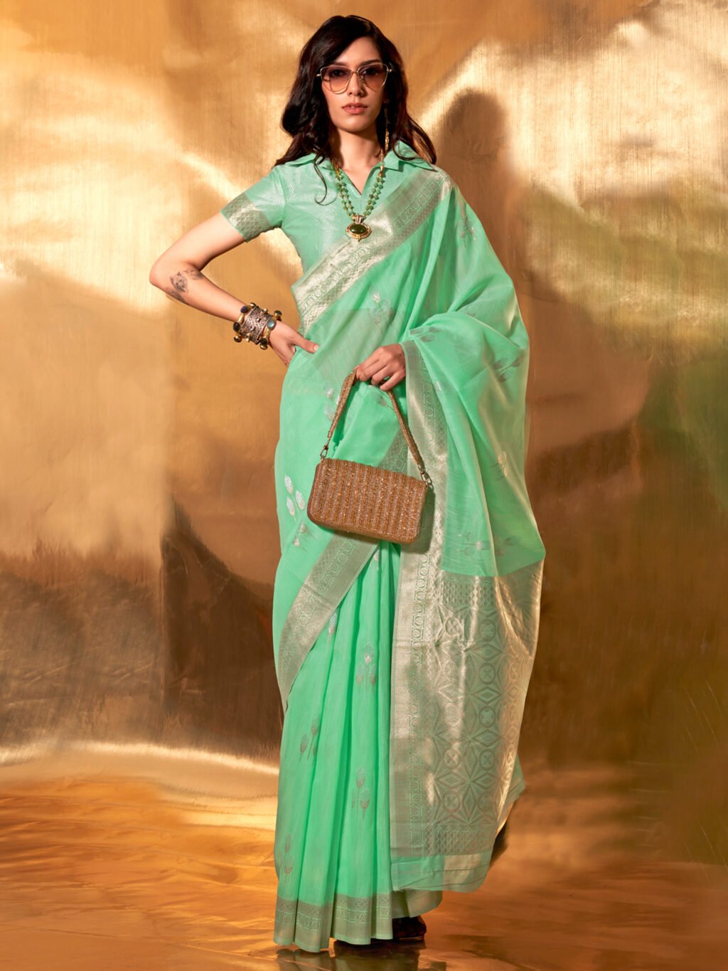 Image of Sea Green Linen Saree