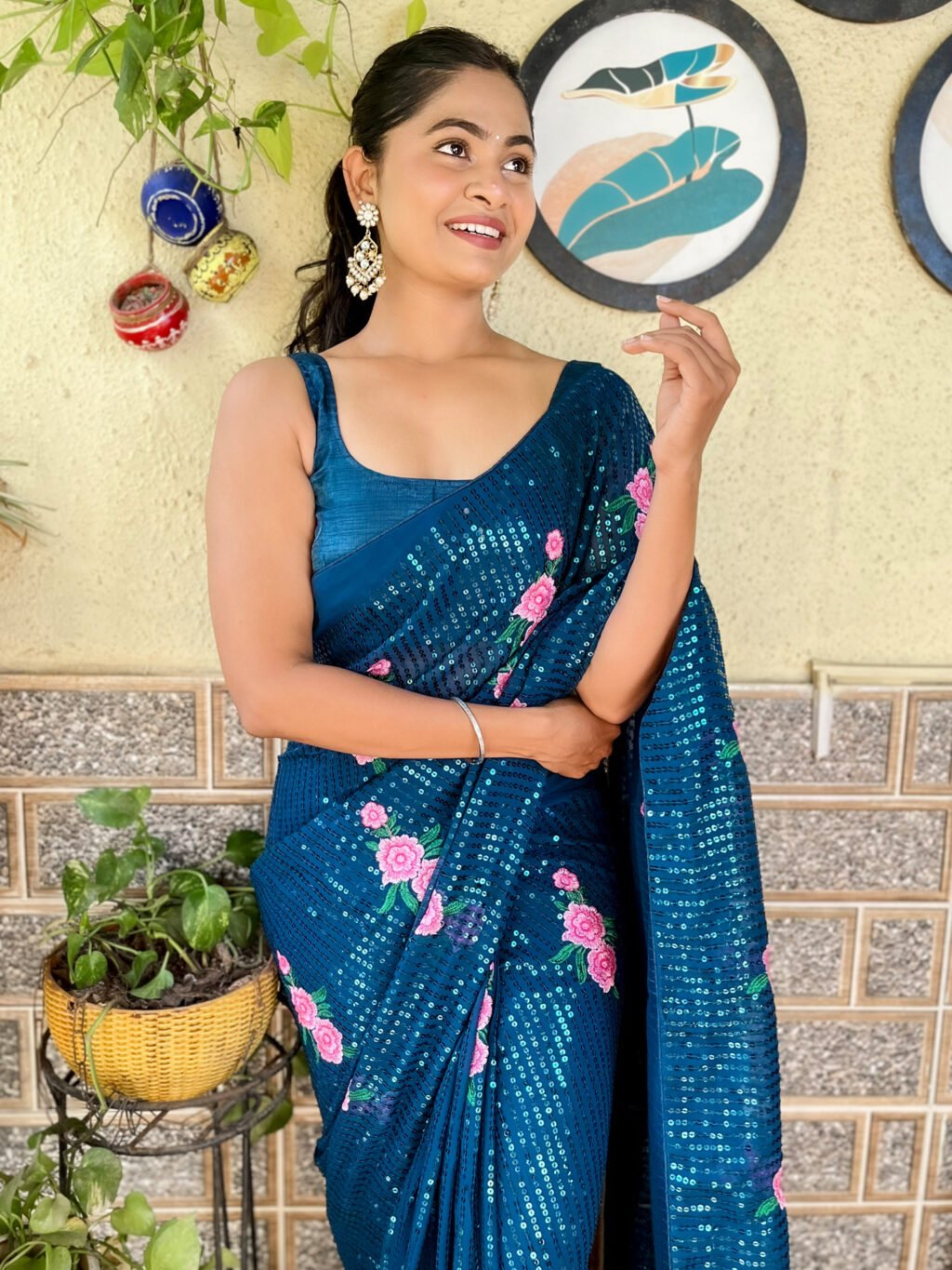 Floral Blue Farewell Georgette Saree - Image 4
