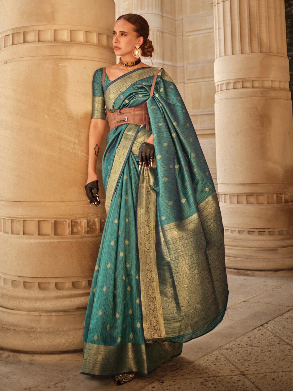 Image of Teal Blue Silk Saree