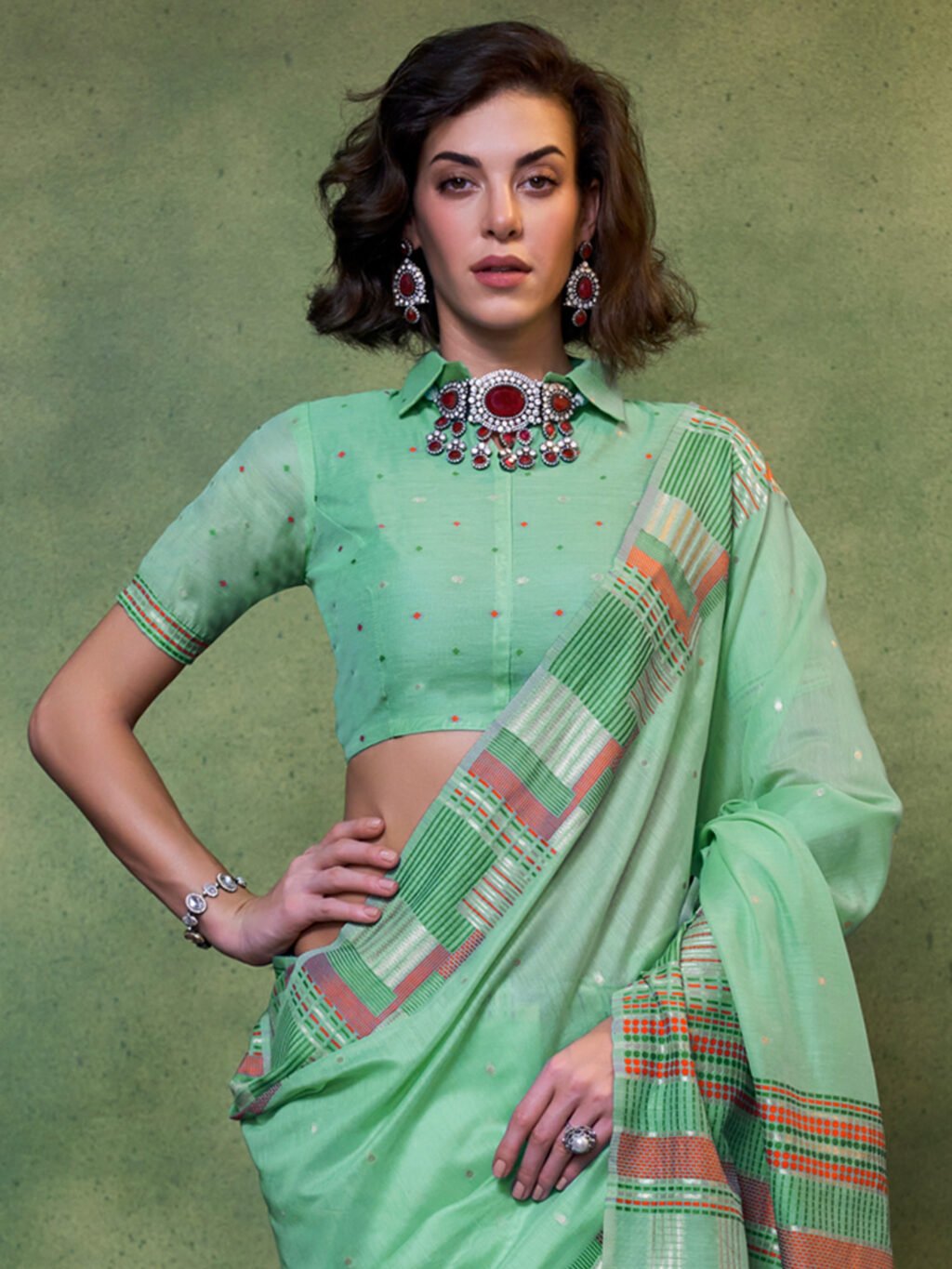 Sea Green Silk Saree - Image 3