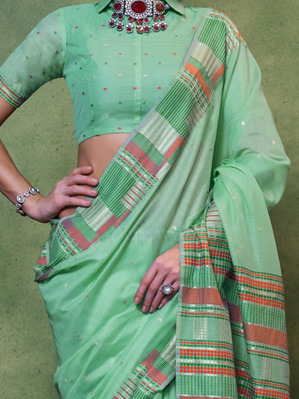 Sea Green Silk Saree - Image 4