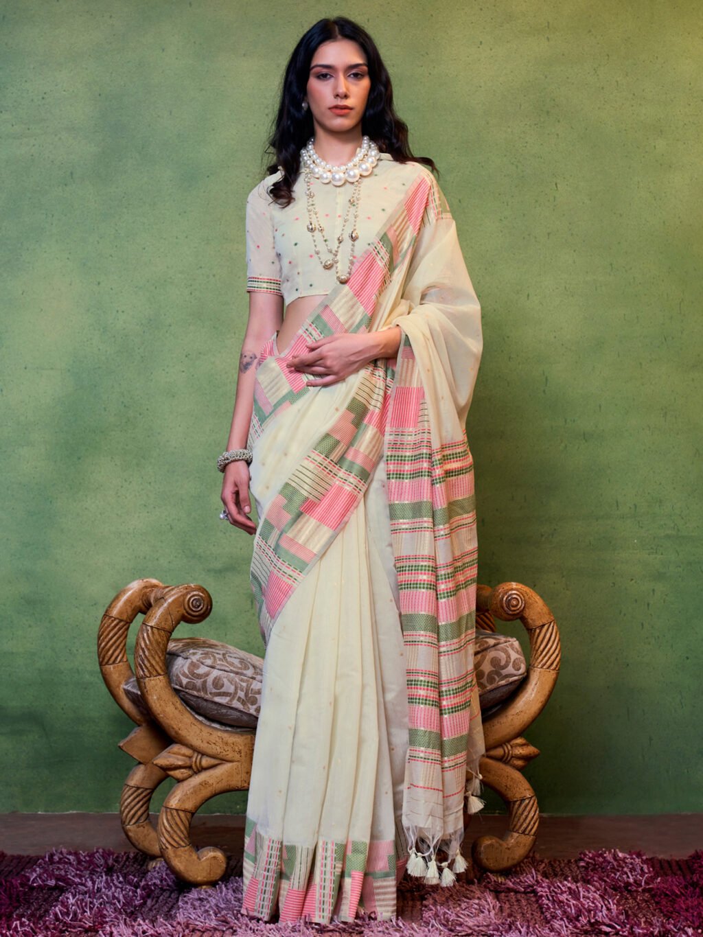 Image of Cream Silk Saree
