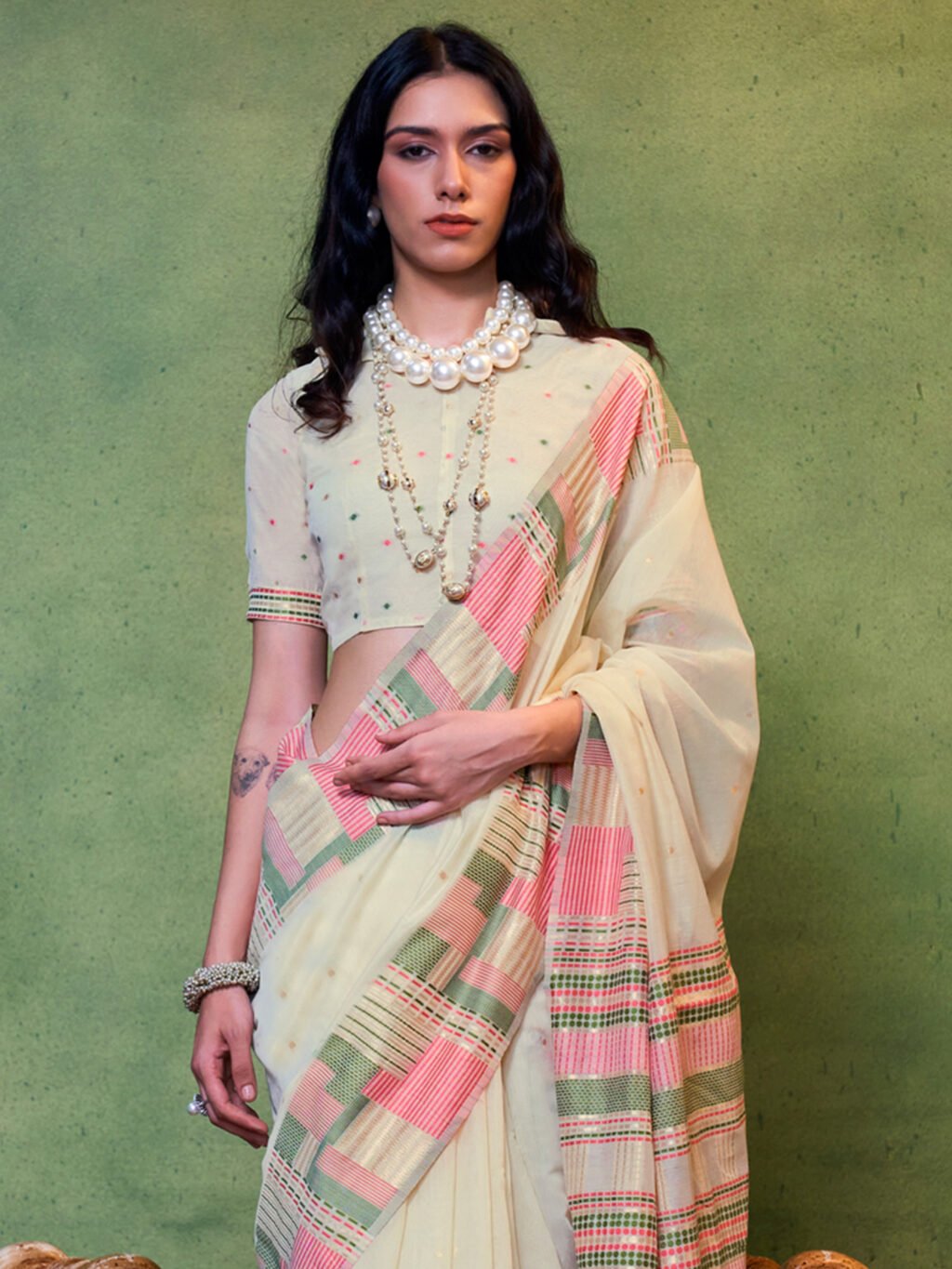 Cream Silk Saree - Image 3