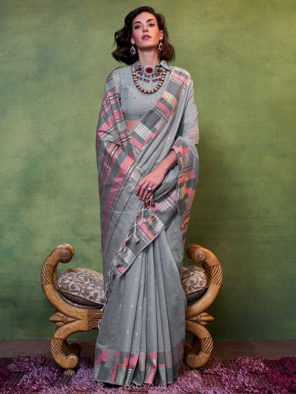 Image of Grey Silk Saree