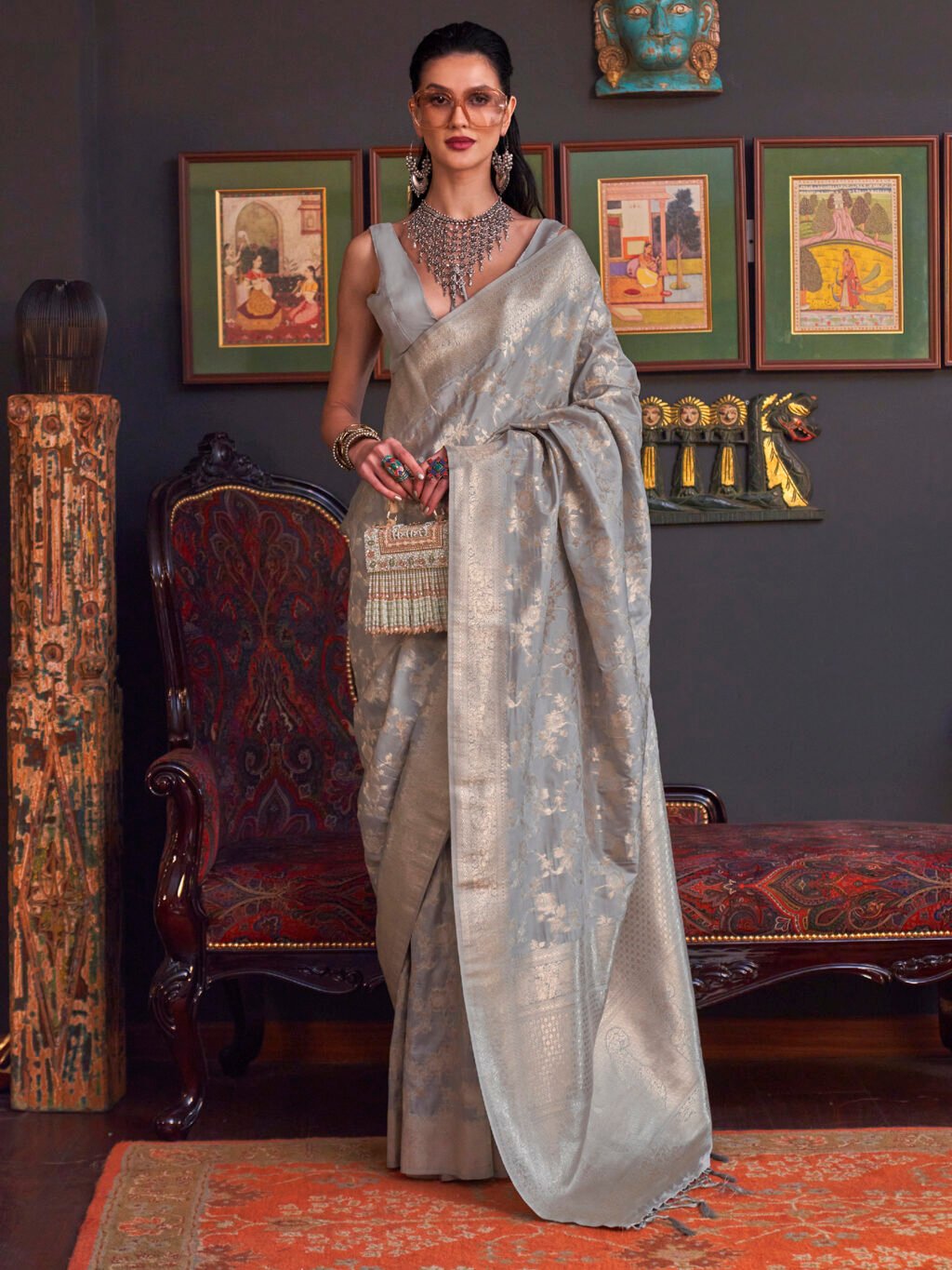 Image of Grey Silk Saree