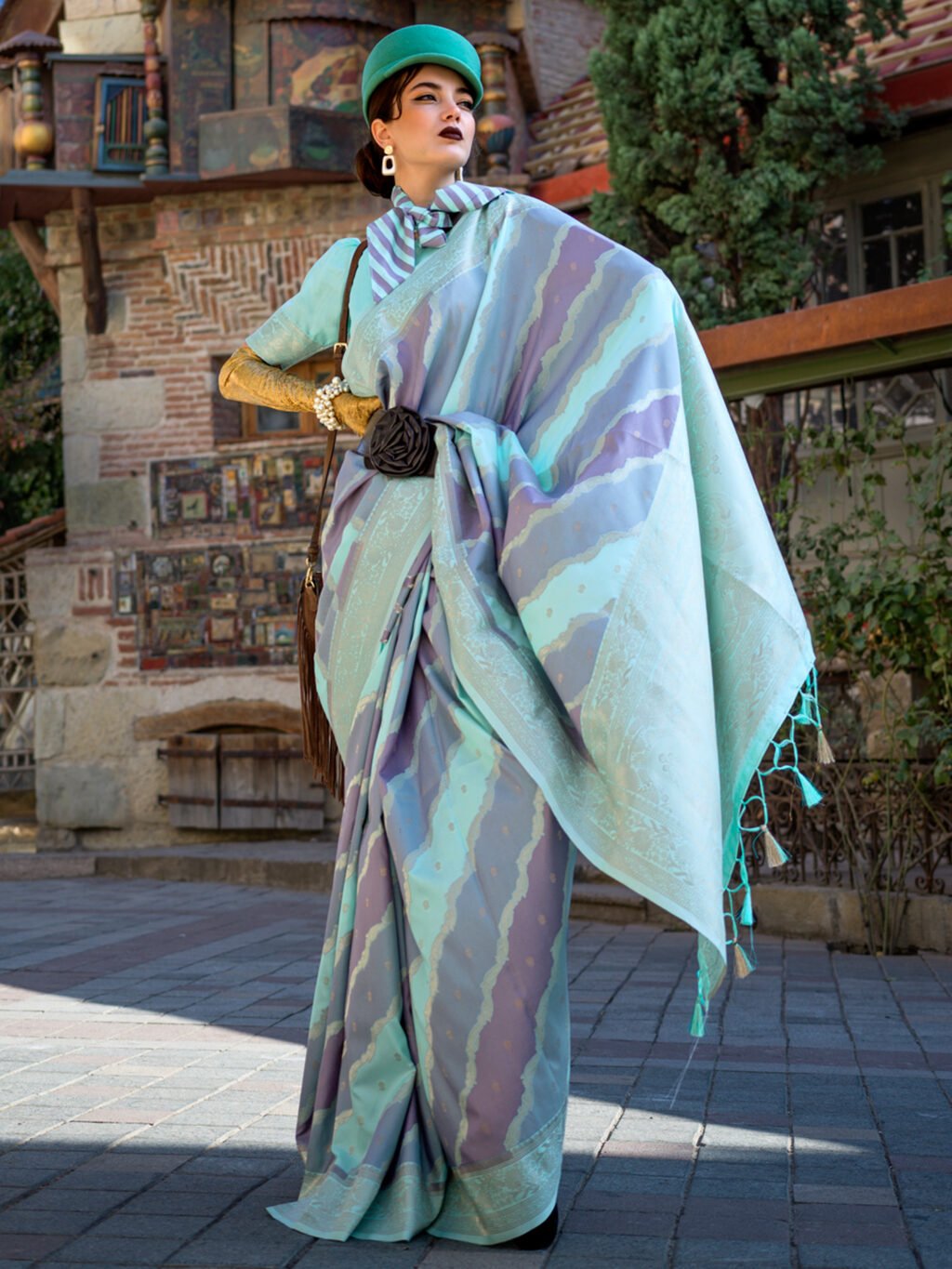 Image of Turquoise Silk Saree