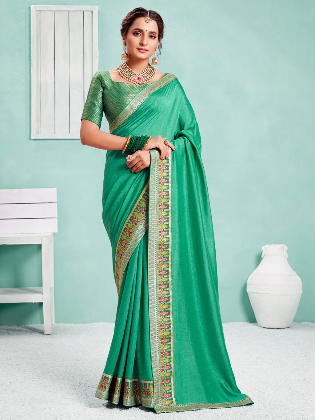 Image of Sea Green Silk Saree