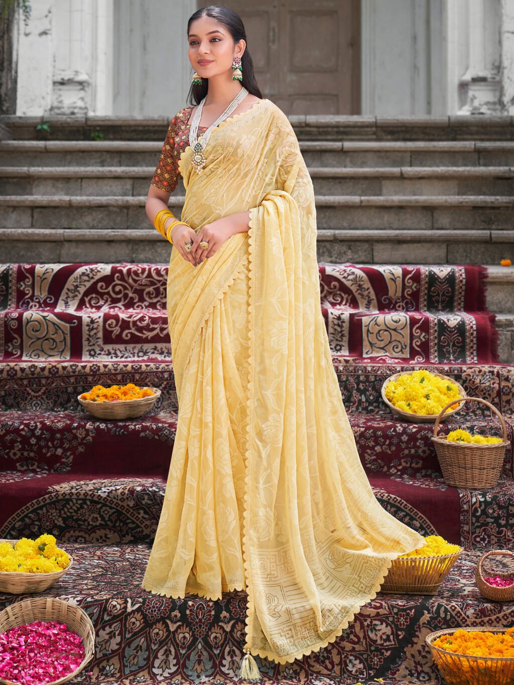 Image of Yellow Chiffon Saree