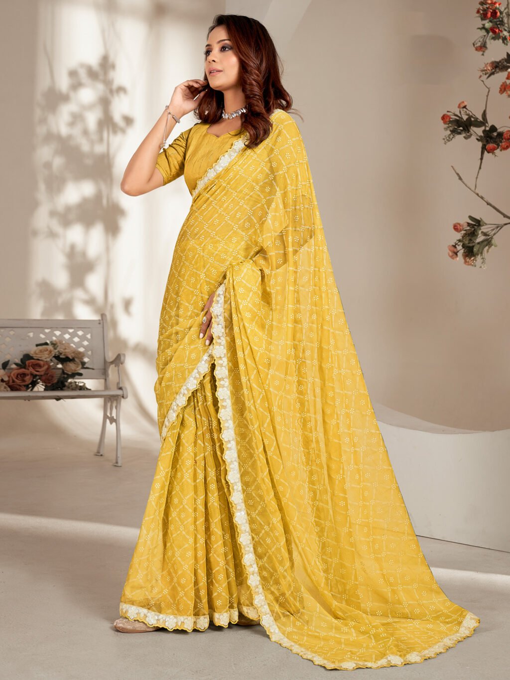 Image of Lemon Yellow Chiffon Saree