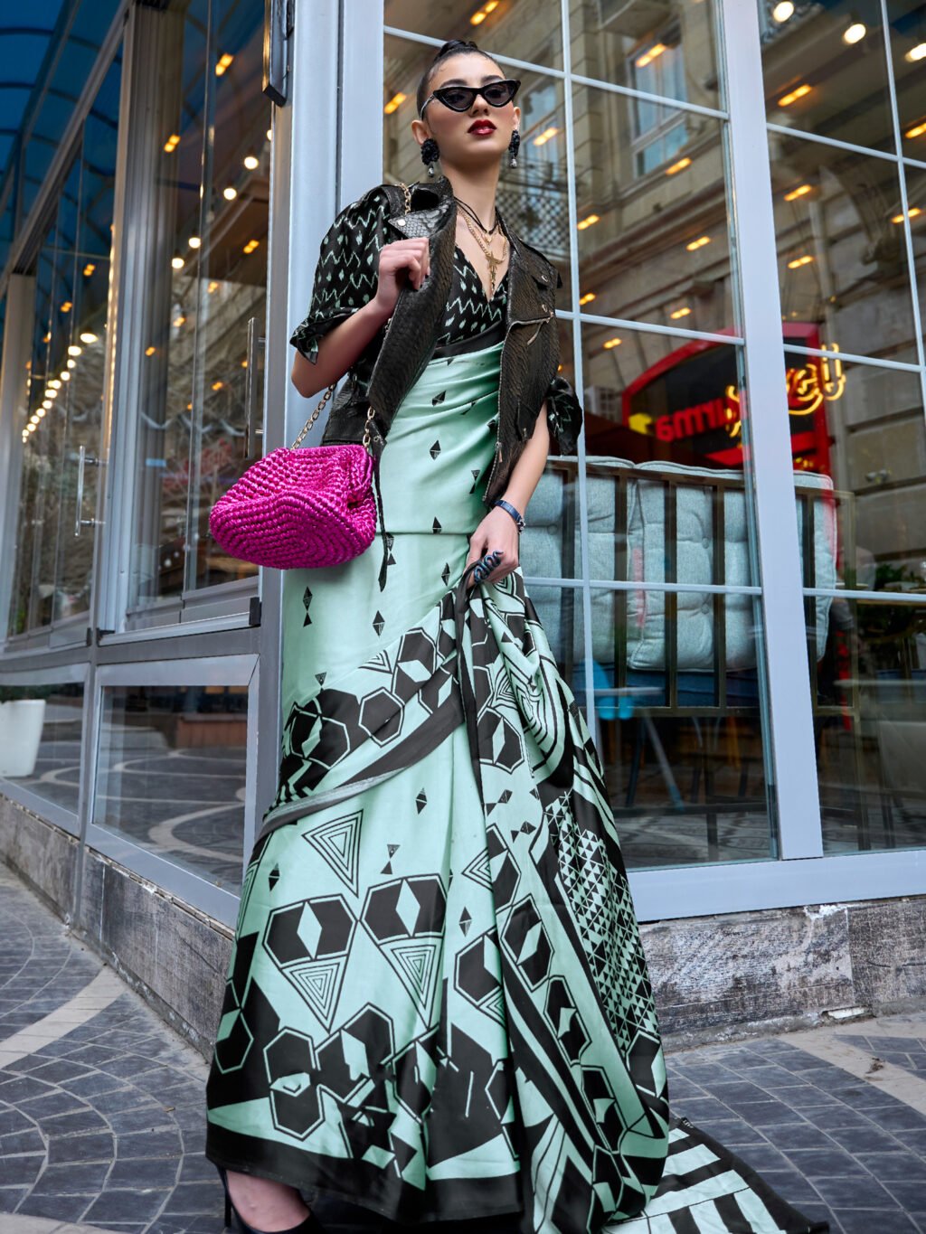 Image of Sea Green Satin Saree