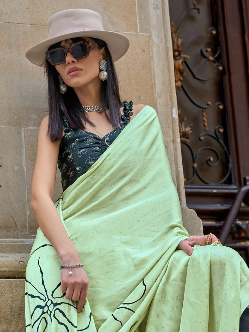 Light Green Satin Saree - Image 3