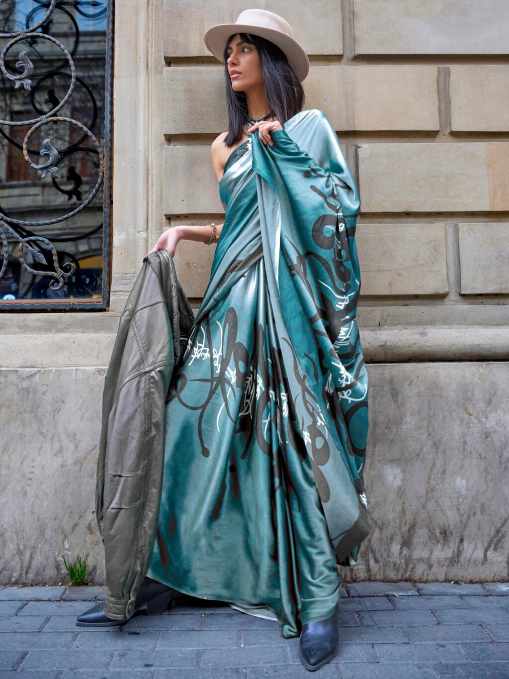 Image of Blue Satin Saree