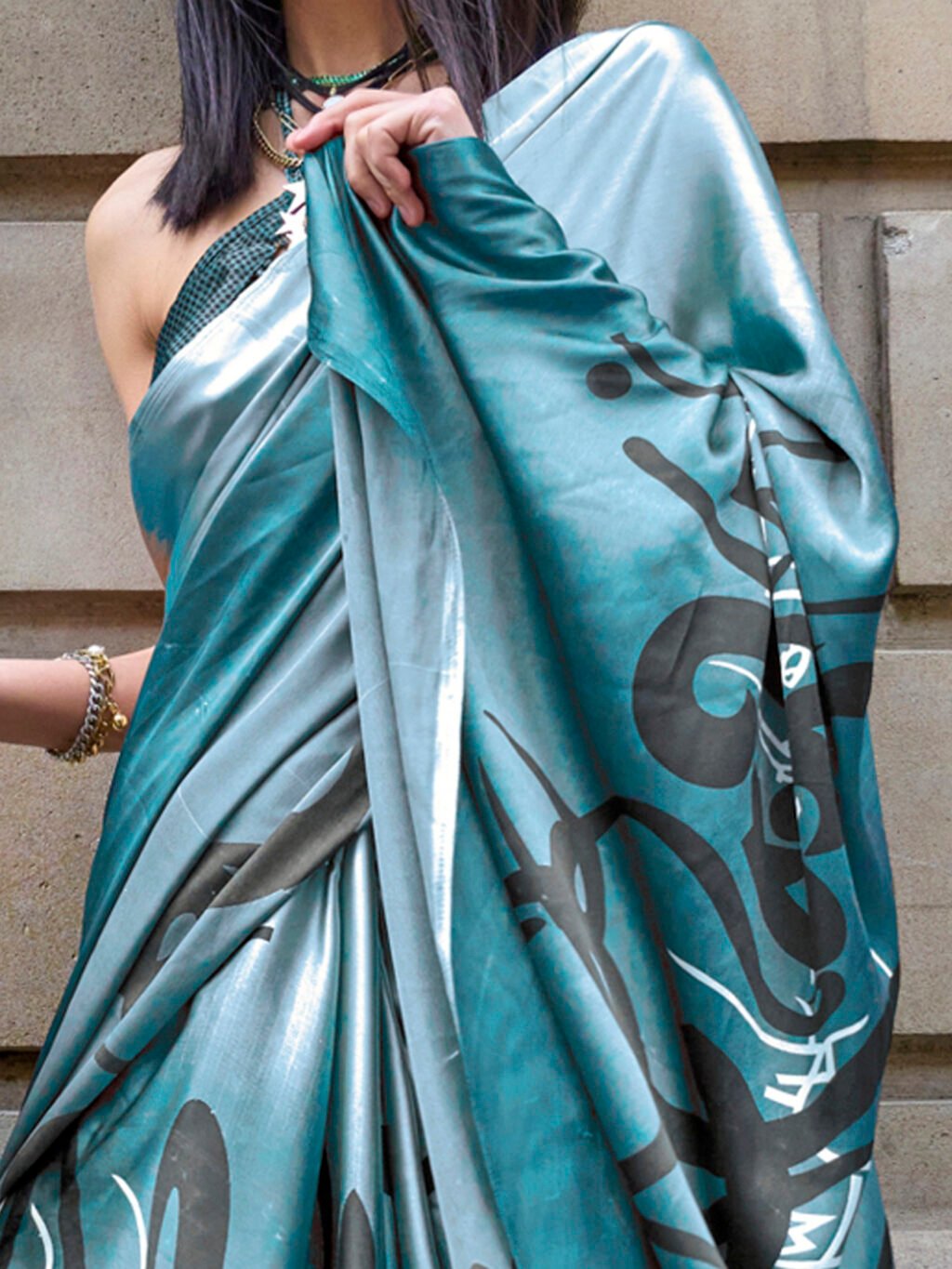 Blue Satin Saree - Image 3