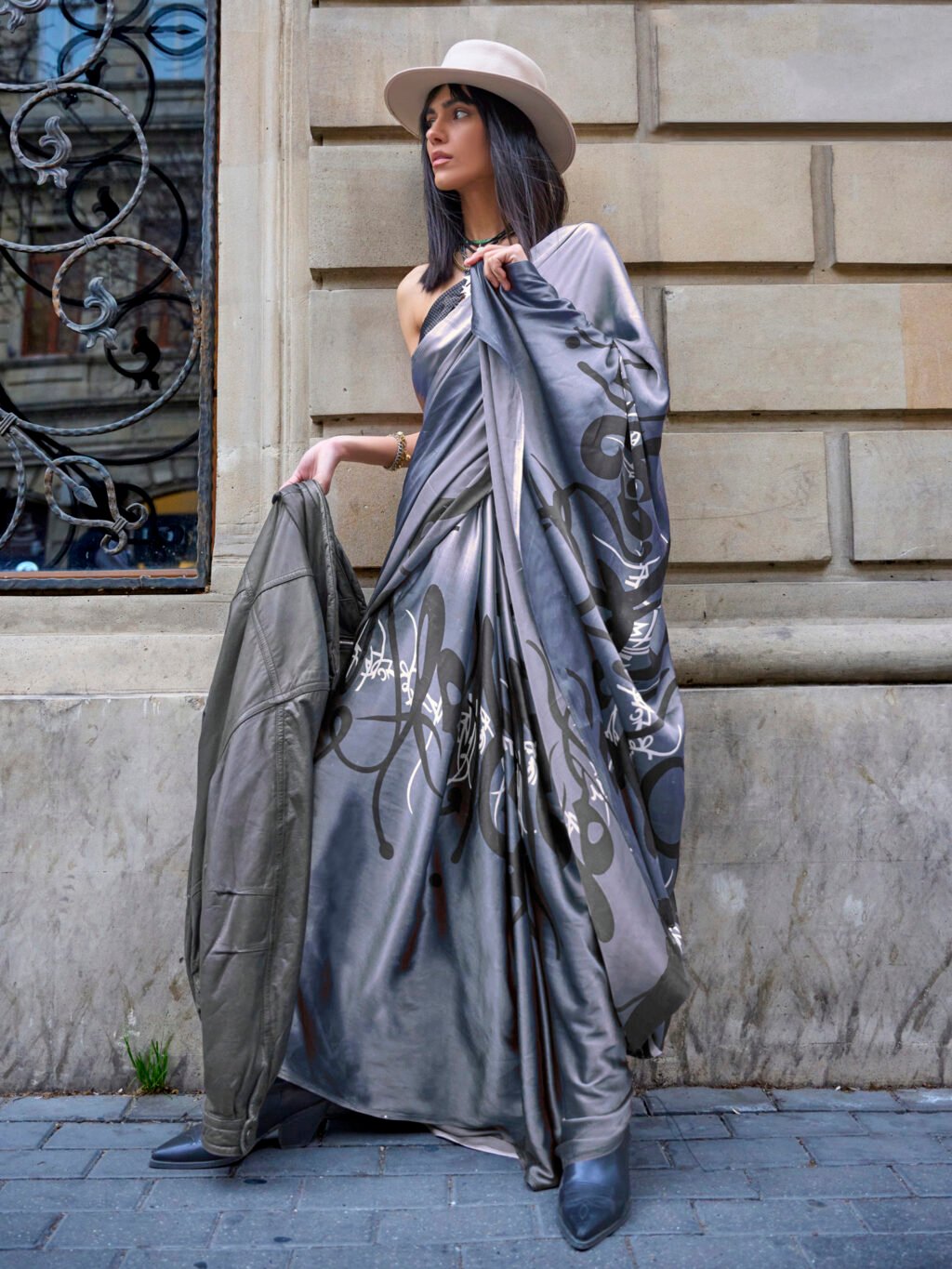 Image of Grey Satin Saree