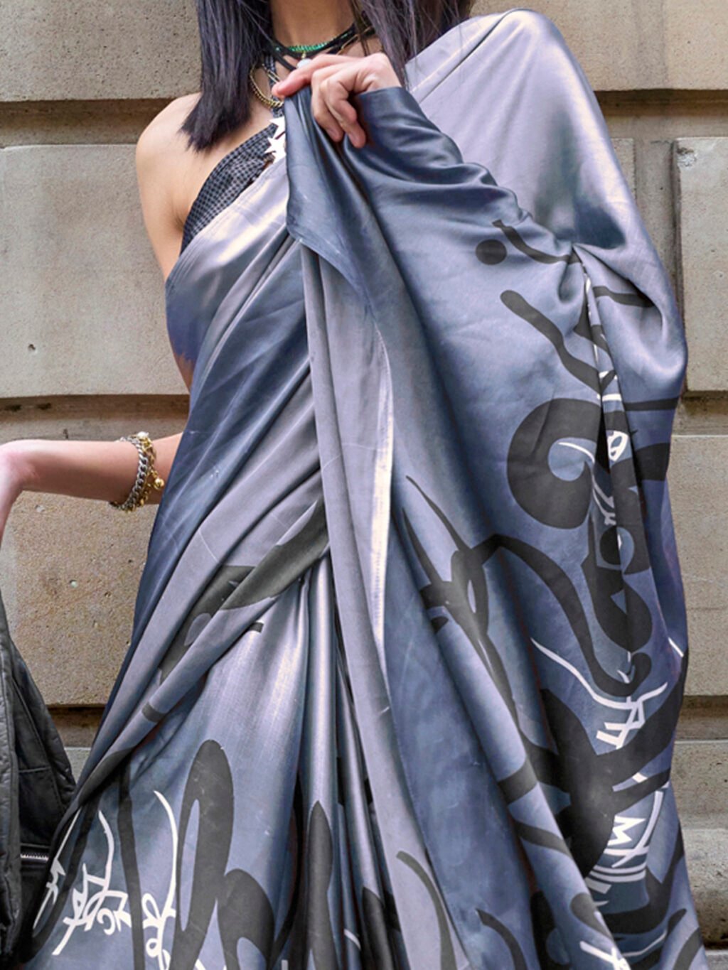 Grey Satin Saree - Image 3