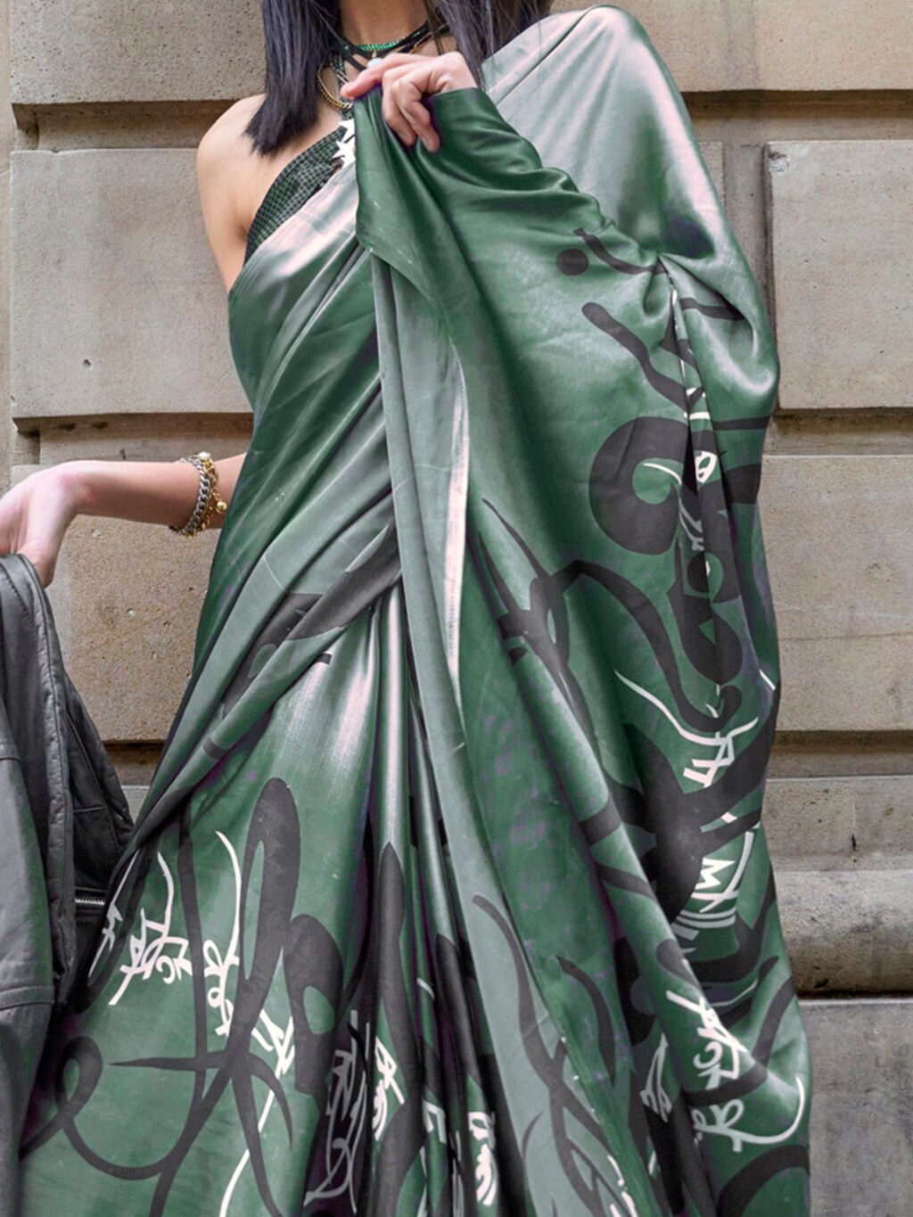 Green Satin Saree - Image 3